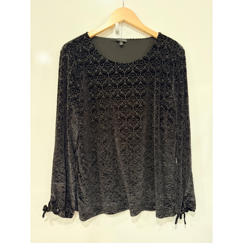 Talbots Black Burnout Velvet Damask Long Sleeve Blouse XL Tie Cuff Scoop Neck